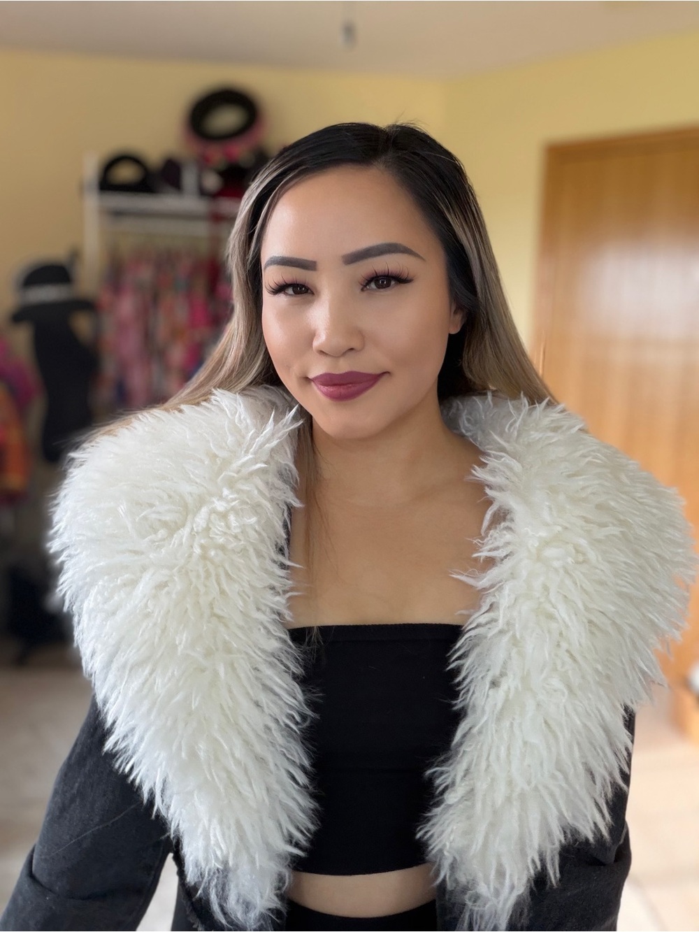 Coalition LA Women's Black Jean Jacket with Ivory Faux Fur Collar
